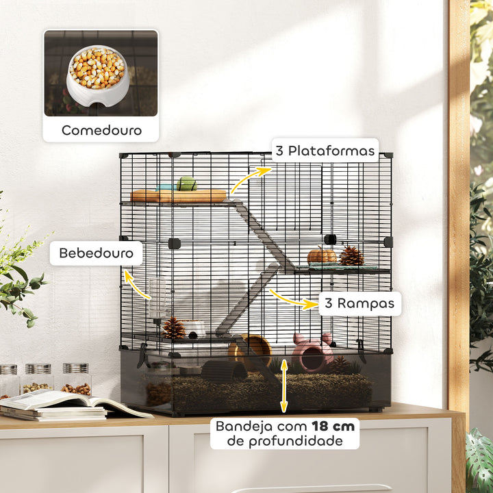 Gaiola para Pequenos Animais de 4 Níveis com Bandeja Inferior Gaiola para Roedores com Rampas Comedouro e Bebedouro Recinto para Chinchilas 73x47x80 cm Preto