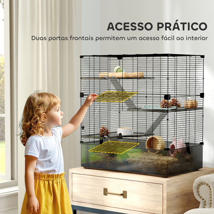Gaiola para Pequenos Animais de 4 Níveis com Bandeja Inferior Gaiola para Roedores com Rampas Comedouro e Bebedouro Recinto para Chinchilas 73x47x80 cm Preto