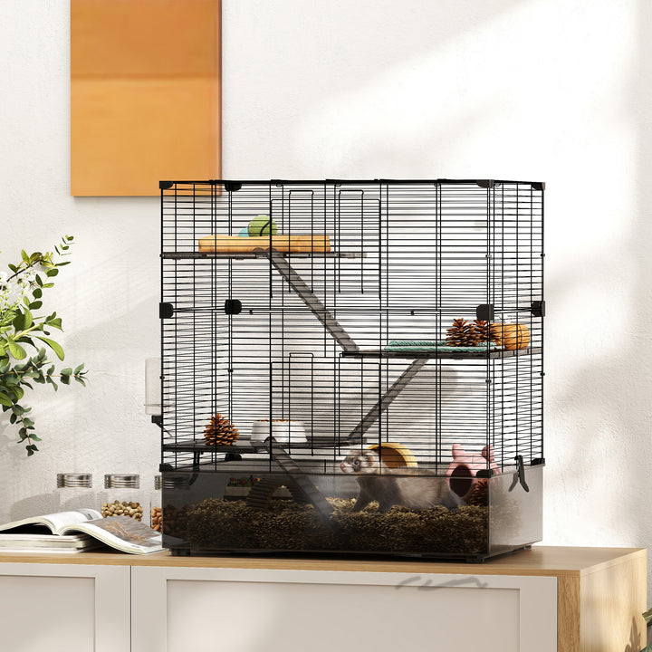 Gaiola para Pequenos Animais de 4 Níveis com Bandeja Inferior Gaiola para Roedores com Rampas Comedouro e Bebedouro Recinto para Chinchilas 73x47x80 cm Preto
