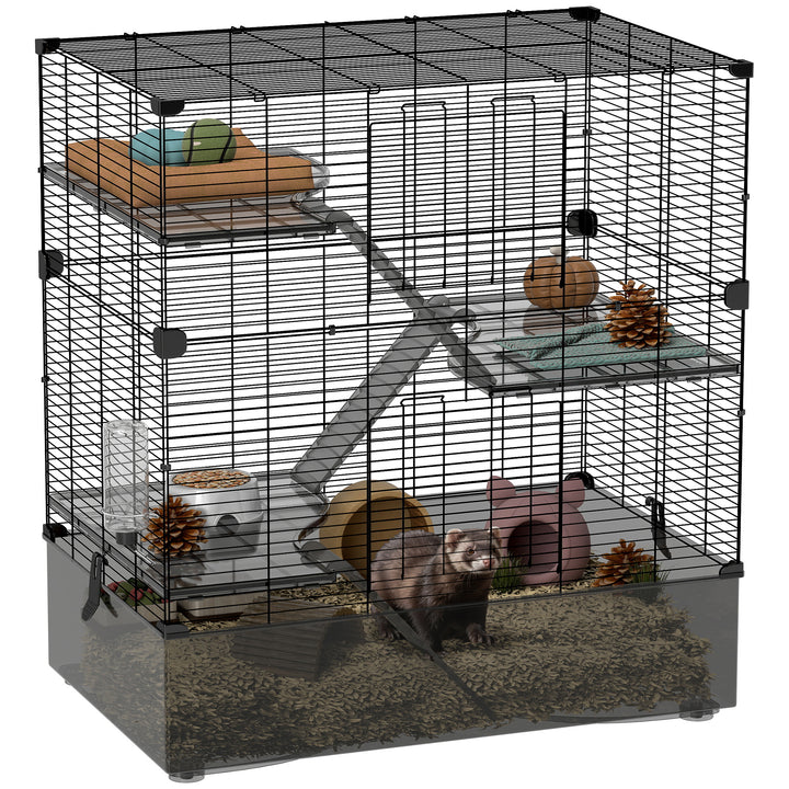 Gaiola para Pequenos Animais de 4 Níveis com Bandeja Inferior Gaiola para Roedores com Rampas Comedouro e Bebedouro Recinto para Chinchilas 73x47x80 cm Preto