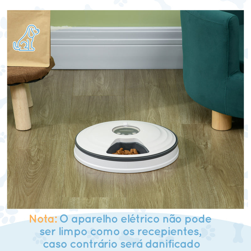 Comedouro Automático para Cães e Gatos Comedouro Automático para Animais de Estimação com Temporizador Ecrã LED Digital 6 Tigelas 128 ml e 4 Comidas Diárias Ø30,5x7,2 cm Branco