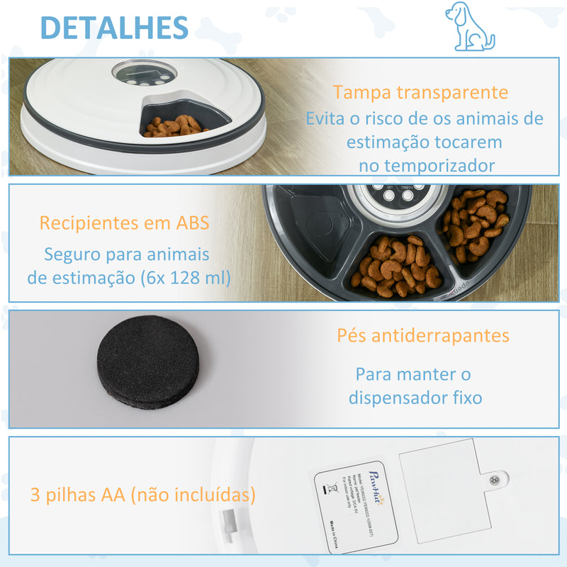 Comedouro Automático para Cães e Gatos Comedouro Automático para Animais de Estimação com Temporizador Ecrã LED Digital 6 Tigelas 128 ml e 4 Comidas Diárias Ø30,5x7,2 cm Branco