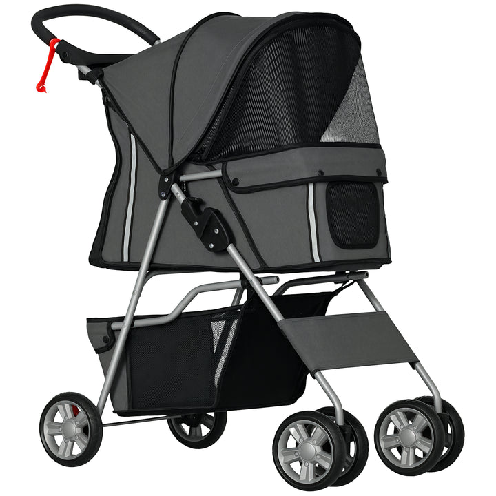 Carrinho de Passeio para Animais de Estimação Carrinho para Cães e Gatos Dobrável com Capô Ajustável Cesta de Armazenamento Suporte para Copos e Travão 75x45x97 cm Cinza