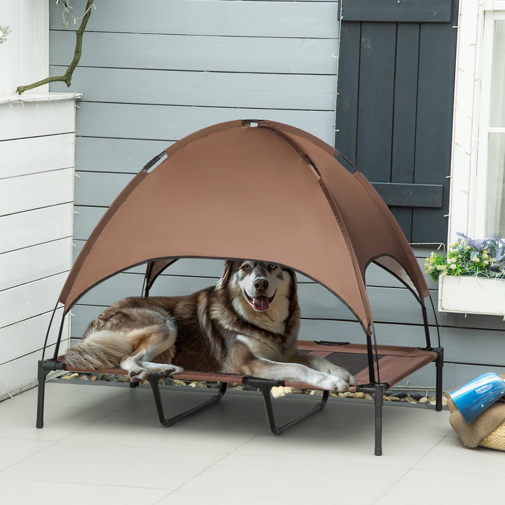 Cama Elevada para Animais de Estimação Portátil com Toldo Amovível Tecido Respirável para Interior e Exterior 122x92x108cm Marrom