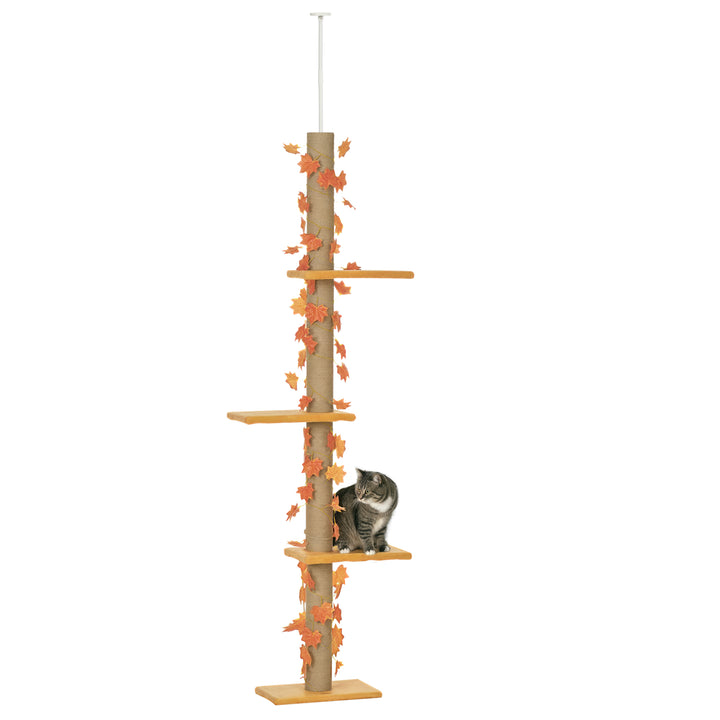 Árvore para Gatos do Chão ao Teto 37x21x202-242 cm Torre Arranhador para Gatos com Altura Ajustável 3 Plataformas Poste de Juta e Decoração de Folha de Acer Laranja