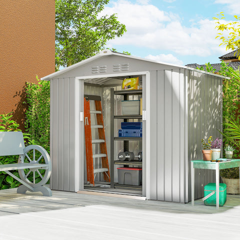 Abrigo de Jardim 2,42 m 213x130x185 cm Abrigo de Jardim Metálico de Exterior para Armazenamento de Ferramentas com 2 Portas Deslizantes e 4 Janelas para Terraço Cinza Claro