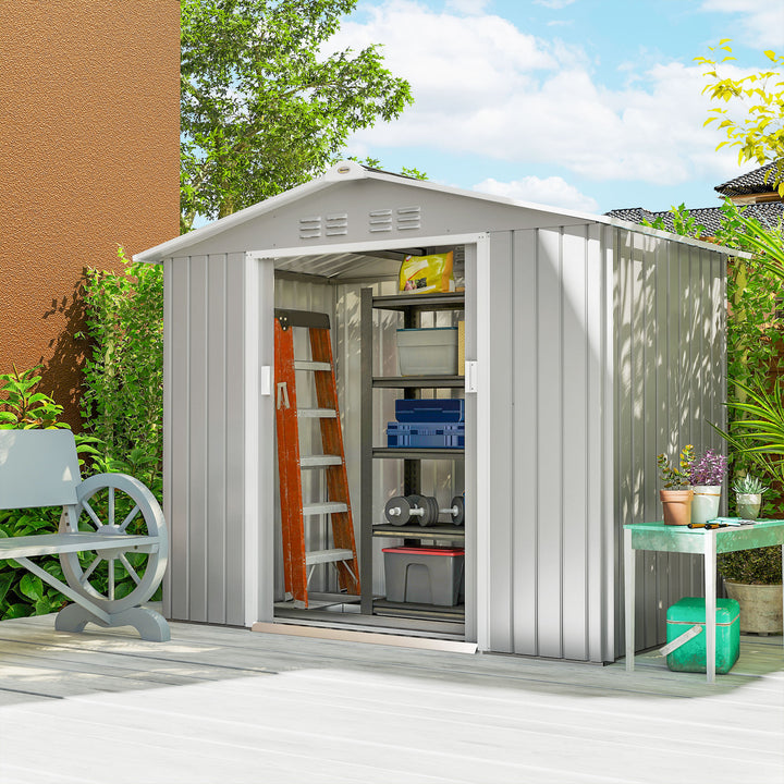 Abrigo de Jardim 2,42 m 213x130x185 cm Abrigo de Jardim Metálico de Exterior para Armazenamento de Ferramentas com 2 Portas Deslizantes e 4 Janelas para Terraço Cinza Claro