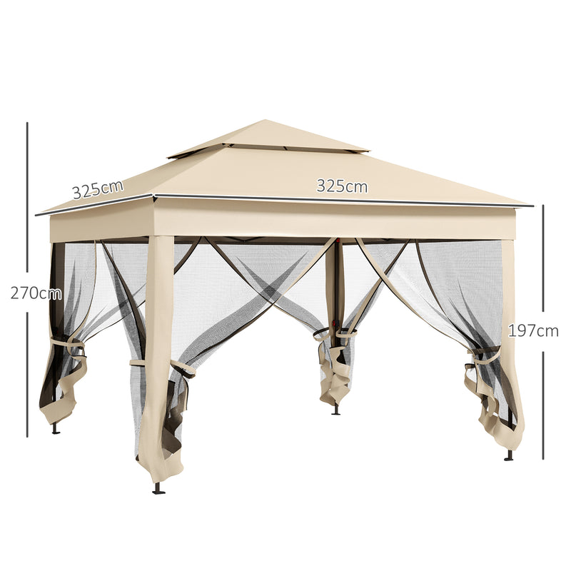 Tenda Dobrável de Exterior 325x325x270 cm Tenda de Jardim com Teto Duplo Rede Mosquiteira Amovível e Bolsa de Transporte para Jardim Pátio Creme