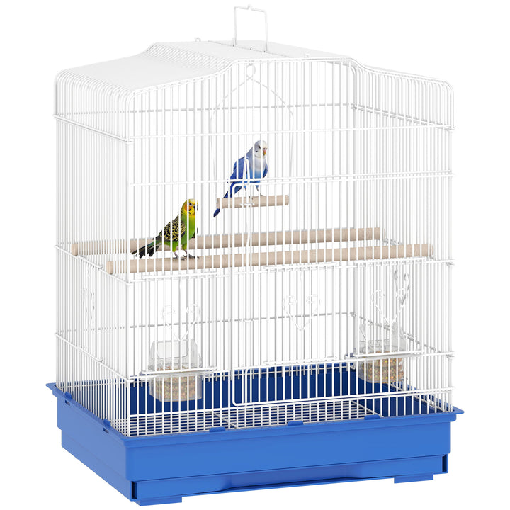 Gaiola para Pássaros, Gaiola de Aço para Pássaros com Portas 2 Recipientes, 2 Poleiros Baloiço Bandeja Removível e Pega de Transporte para Papagaio Canário Periquito 46,5x36x59 cm Azul