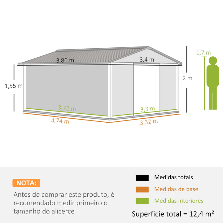 Abrigo de Jardim 340x386x200 cm 13,1 m² Abrigo de Exterior de Aço para Armazenamento de Ferramentas com Portas de Correr e Ventilações Cinza Claro