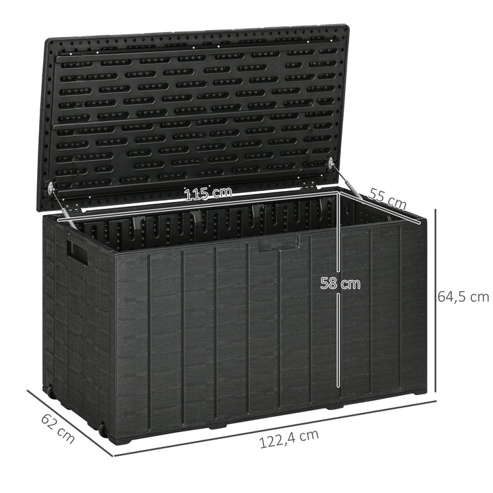 Baú de Armazenamento Exterior 366L Baú para Jardim de Plástico de Parede Dupla com Rodas Alças para Varanda Pátio Carga Máxima 100 kg 122,4x62x64,5 cm Preto