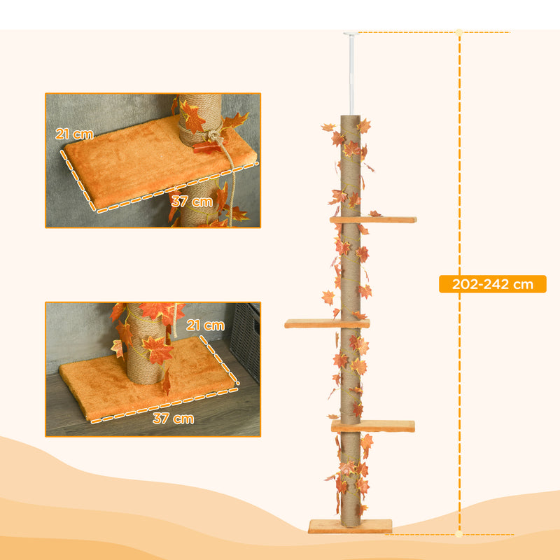 Árvore para Gatos do Chão ao Teto 37x21x202-242 cm Torre Arranhador para Gatos com Altura Ajustável 3 Plataformas Poste de Juta e Decoração de Folha de Acer Laranja