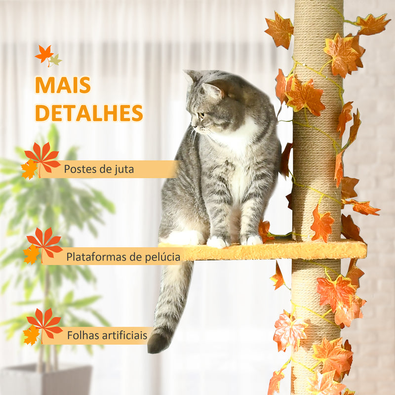 Árvore para Gatos do Chão ao Teto 37x21x202-242 cm Torre Arranhador para Gatos com Altura Ajustável 3 Plataformas Poste de Juta e Decoração de Folha de Acer Laranja