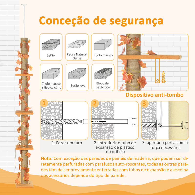 Árvore para Gatos do Chão ao Teto 37x21x202-242 cm Torre Arranhador para Gatos com Altura Ajustável 3 Plataformas Poste de Juta e Decoração de Folha de Acer Laranja