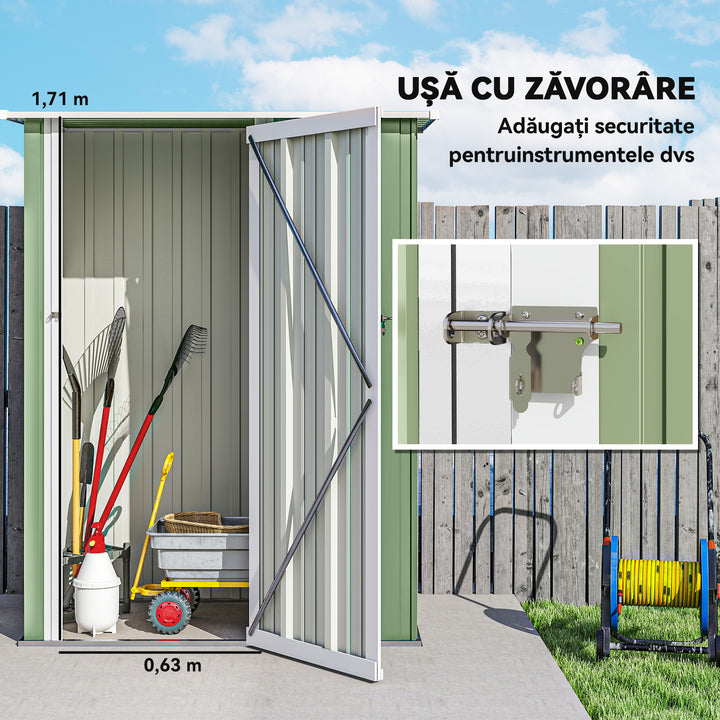 Abrigo de Jardim 1,07? 142x84x189 cm Abrigo de Armazenamento Galvanizado Abrigo de Ferramentas com Teto Inclinado e Porta para Varanda Exterior Verde Claro