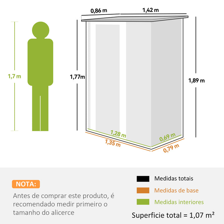 Abrigo de Jardim 1,07? 142x84x189 cm Abrigo de Armazenamento Galvanizado Abrigo de Ferramentas com Teto Inclinado e Porta para Varanda Exterior Verde Claro