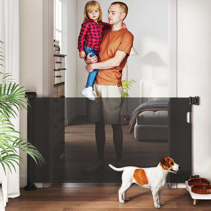 Barreira de Segurança para Cães Retrátil 0-136 cm Barreira para Cães Pequenos Extensível com Botão de Fecho Porta de Segurança para Corredores Escadas Interiores e Exteriores Preto