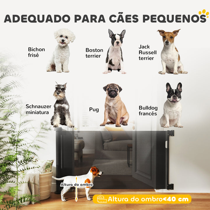 Barreira de Segurança para Cães Retrátil 0-136 cm Barreira para Cães Pequenos Extensível com Botão de Fecho Porta de Segurança para Corredores Escadas Interiores e Exteriores Preto