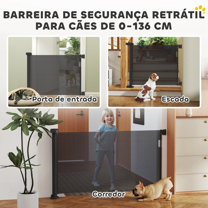 Barreira de Segurança para Cães Retrátil 0-136 cm Barreira para Cães Pequenos Extensível com Botão de Fecho Porta de Segurança para Corredores Escadas Interiores e Exteriores Preto