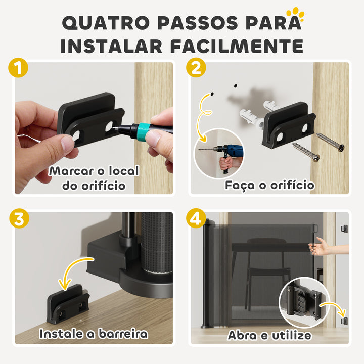 Barreira de Segurança para Cães Retrátil 0-136 cm Barreira para Cães Pequenos Extensível com Botão de Fecho Porta de Segurança para Corredores Escadas Interiores e Exteriores Preto