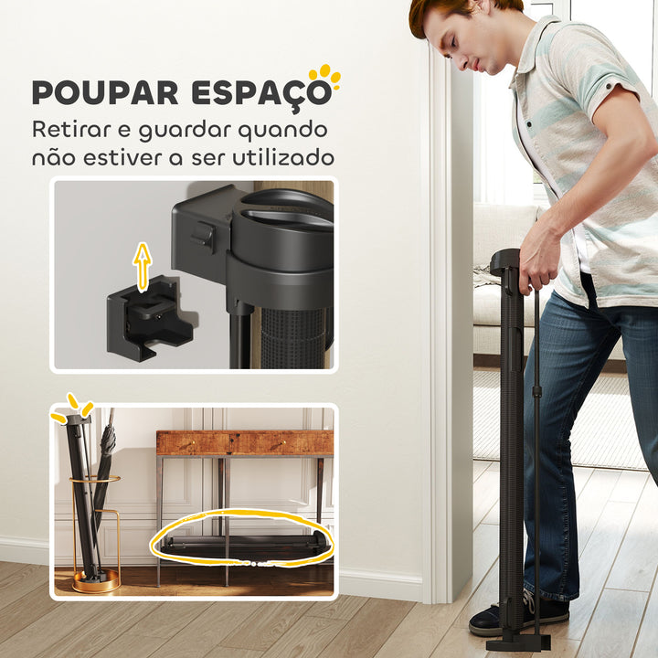 Barreira de Segurança para Cães Retrátil 0-136 cm Barreira para Cães Pequenos Extensível com Botão de Fecho Porta de Segurança para Corredores Escadas Interiores e Exteriores Preto