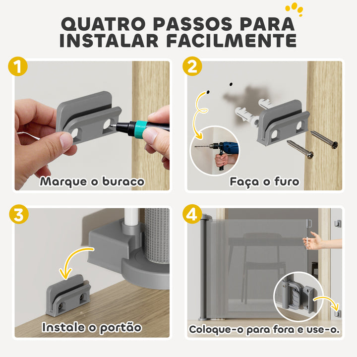 Barreira de Segurança para Cães Retrátil 0-136 cm Barreira para Cães Pequenos Extensível com Botão de Fecho Porta de Segurança para Corredores Escadas Interiores e Exteriores Cinzento