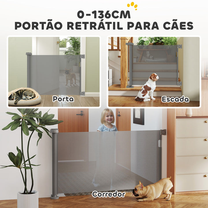 Barreira de Segurança para Cães Retrátil 0-136 cm Barreira para Cães Pequenos Extensível com Botão de Fecho Porta de Segurança para Corredores Escadas Interiores e Exteriores Cinzento