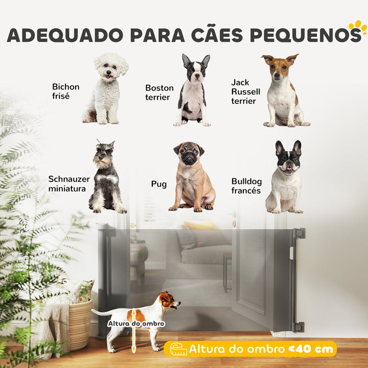 Barreira de Segurança para Cães Retrátil 0-136 cm Barreira para Cães Pequenos Extensível com Botão de Fecho Porta de Segurança para Corredores Escadas Interiores e Exteriores Cinzento