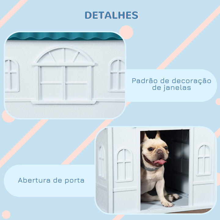 Casa para Cães 65x75,7x63 cm Casa para Cães com Janelas e Teto com Telhas de Imitação para Cães Médios Azul e Branco