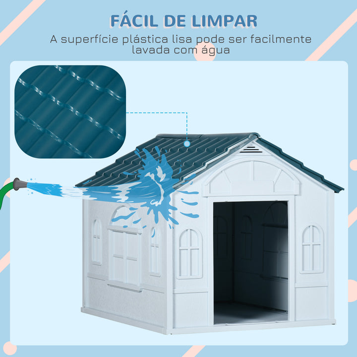 Casa para Cães 65x75,7x63 cm Casa para Cães com Janelas e Teto com Telhas de Imitação para Cães Médios Azul e Branco
