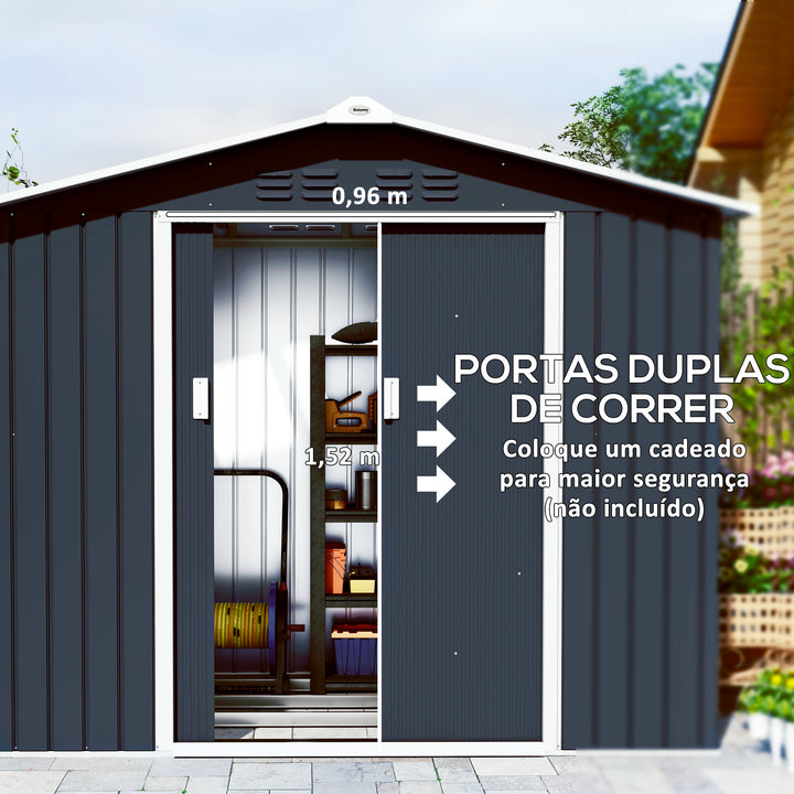 Abrigo de Jardim 2,42 m 213x130x185 cm Abrigo de Jardim Metálico de Exterior para Armazenamento de Ferramentas com 2 Portas Deslizantes e 4 Janelas para Terraço Cinza Escuro