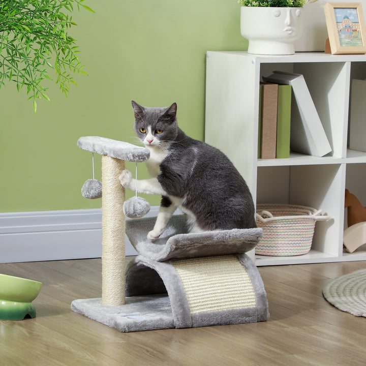 Árvore Arranhador para Gatos Pequena 43 cm Torre para Gatos com Poste Giratório Bolas Suspensas Plataforma Curva e Esconderijo 40x30x43 cm Cinza