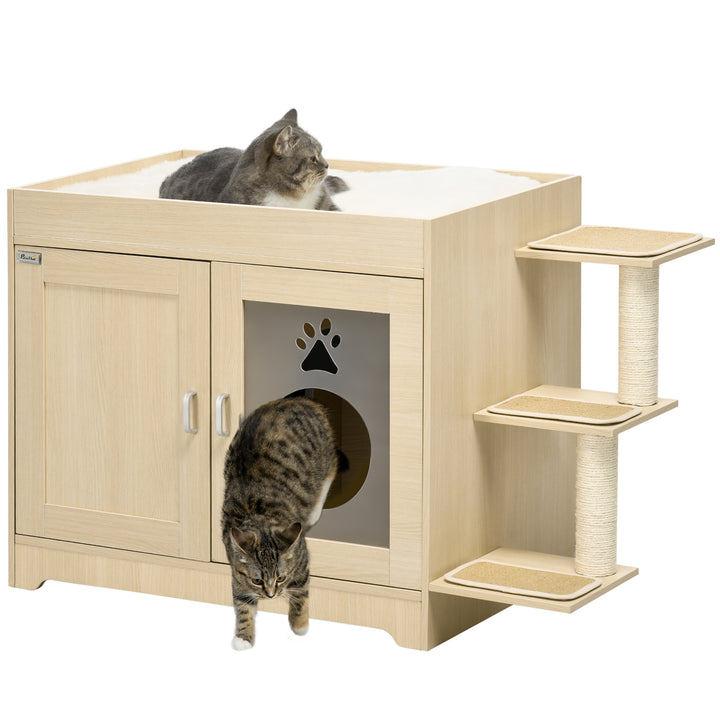 Caixa de Areia para Gatos de Madeira com 2 Portas Móvel para Caixa de Areia com Cama Almofada Suave 3 Plataformas e Postes de Sisal 107x54x70cm Carvalho