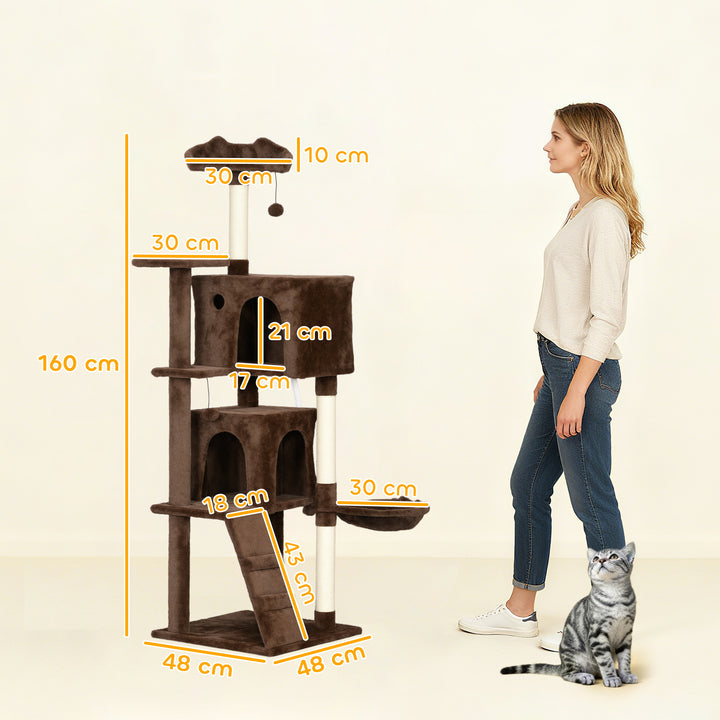 Arranhador para Gatos 160 cm Torre de Escalada com Múltiplas Plataformas Cama 2 Cavernas Rede Escada Postes de Sisal Bolas para Brincar Marrom