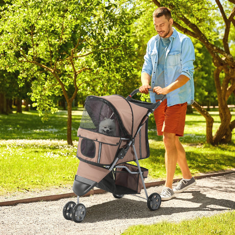 Carrito Dobrável Animais de Estimação para Cão e Gato Carrito Rodas 360º - Cor Castanho Café - 75x45x97 cm