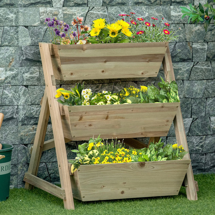 Horta de Escada de 3 Níveis Horta de Madeira com Tecido não tecido e Orifícios de Drenagem Horta para Plantas Flores Ervas 71x61x77cm Madeira Natural