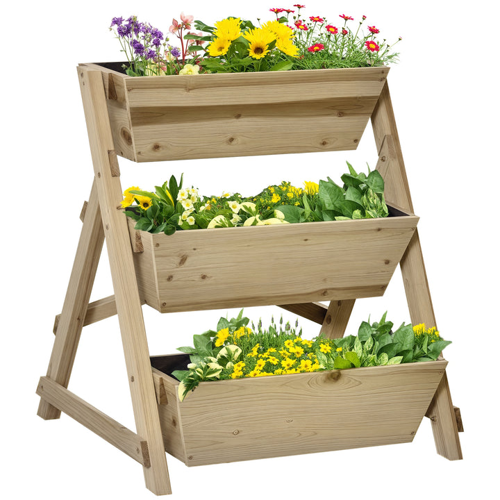 Horta de Escada de 3 Níveis Horta de Madeira com Tecido não tecido e Orifícios de Drenagem Horta para Plantas Flores Ervas 71x61x77cm Madeira Natural
