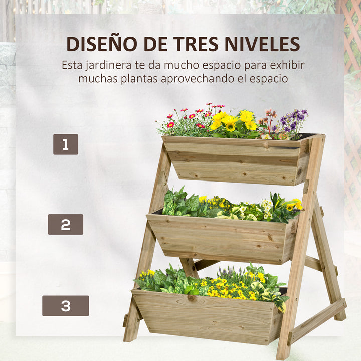 Horta de Escada de 3 Níveis Horta de Madeira com Tecido não tecido e Orifícios de Drenagem Horta para Plantas Flores Ervas 71x61x77cm Madeira Natural