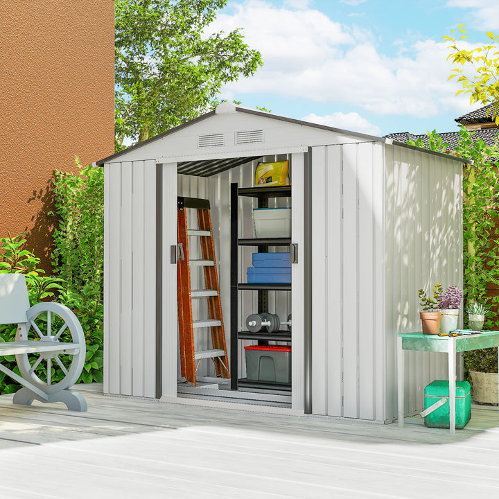 Abrigo de Jardim 213x130x185cm Abrigo de Jardim Metálico de Exterior para Armazenamento de Ferramentas com 2 Portas Deslizantes e 4 Janelas para Terraço Branco e Cinza