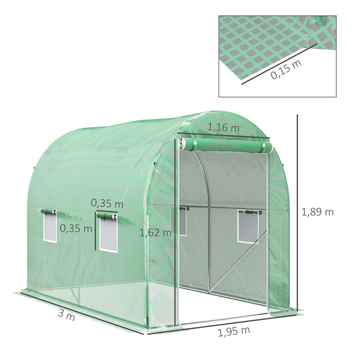 Estufa Tipo Túnel 298x197x189 cm com Porta e 4 Janelas Estufa de Jardim para Cultivo de Plantas e Verduras com Cobertura PE 140g/? Verde