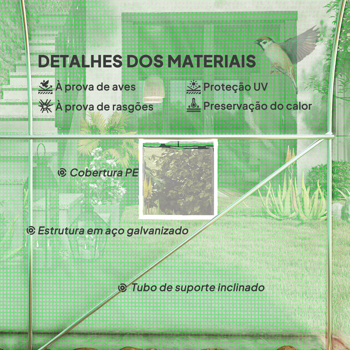 Estufa Tipo Túnel 298x197x189 cm com Porta e 4 Janelas Estufa de Jardim para Cultivo de Plantas e Verduras com Cobertura PE 140g/? Verde