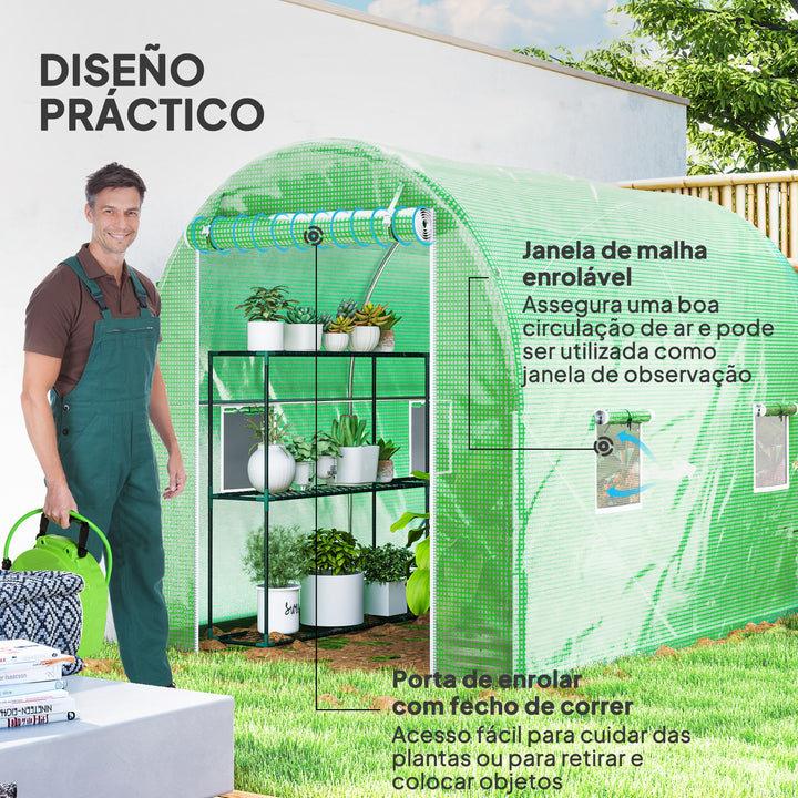 Estufa Tipo Túnel 298x197x189 cm com Porta e 4 Janelas Estufa de Jardim para Cultivo de Plantas e Verduras com Cobertura PE 140g/? Verde