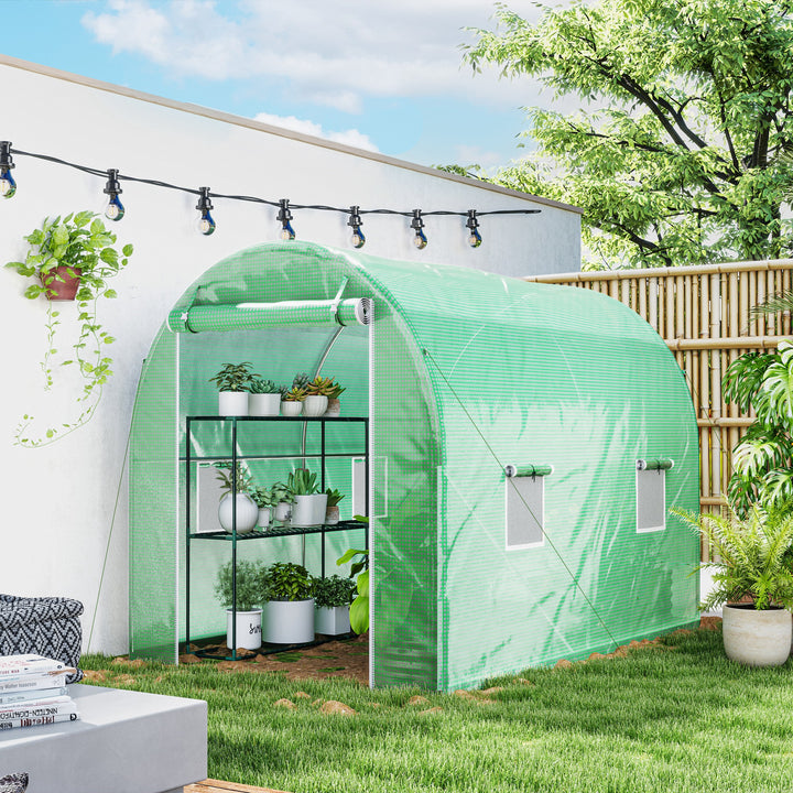 Estufa Tipo Túnel 298x197x189 cm com Porta e 4 Janelas Estufa de Jardim para Cultivo de Plantas e Verduras com Cobertura PE 140g/? Verde