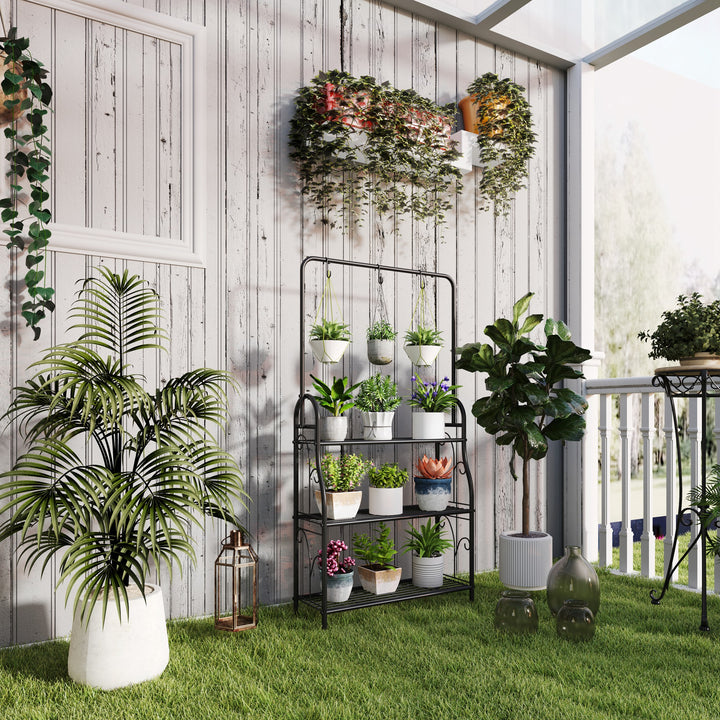 Suporte para Plantas de 3 Níveis Suporte para Vasos de Plantas com Ganchos de Metal Barra para Pendurar Suporte para Vasos para Interior e Exterior 75x25x137 cm Preto