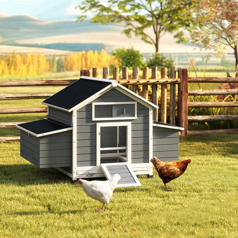Galinheiro de Madeira para Exterior Casa para Galinhas com 2 Ninhos Bandeja Removível Poleiros Telhado Impermeáve, Casa para 2-4 Galinhas e Coelhos 150x100x96,5 cm Cinzento