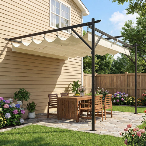 Pérgola de Jardim Adossada 3x3 m Pérgola Exterior com Telhado Retrátil Proteção UPF30+ Orifícios de Drenagem e Estrutura Metálica Ideal para Terraço Pátio Cor Creme
