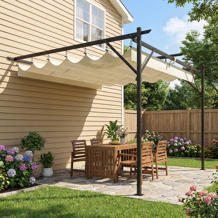 Pérgola de Jardim Adossada 3x3 m Pérgola Exterior com Telhado Retrátil Proteção UPF30+ Orifícios de Drenagem e Estrutura Metálica Ideal para Terraço Pátio Cor Creme