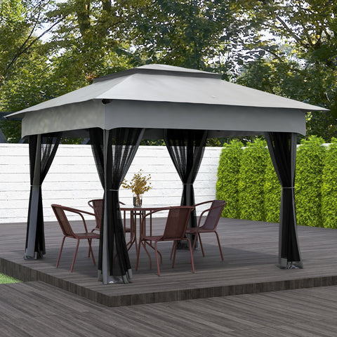 Tenda Dobrável Exterior 325x325x270 cm Tenda de Jardim com Teto Duplo Rede Mosquiteira Amovível e Bolsa de Transporte para Jardim Pátio Cinzento