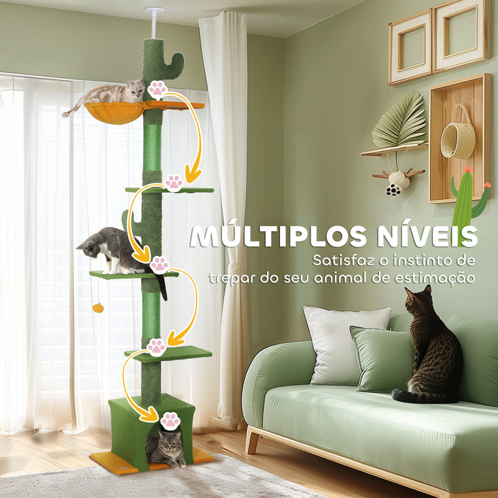Arranhador para Gatos de Chão a Teto de 230-275 cm Torre para Gatos com Altura Ajustável Plataformas Caverna Rede Postes de Sisal e Bola de Jogo Verde