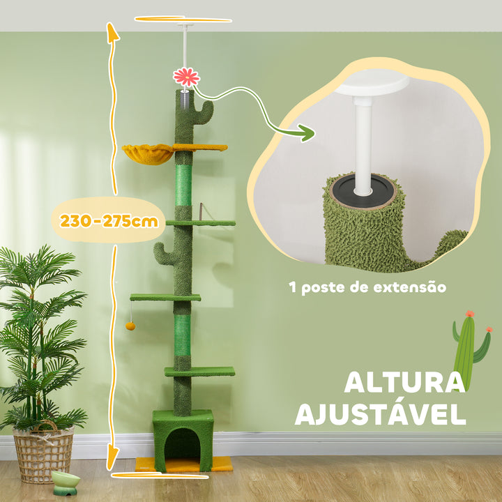 Arranhador para Gatos de Chão a Teto de 230-275 cm Torre para Gatos com Altura Ajustável Plataformas Caverna Rede Postes de Sisal e Bola de Jogo Verde